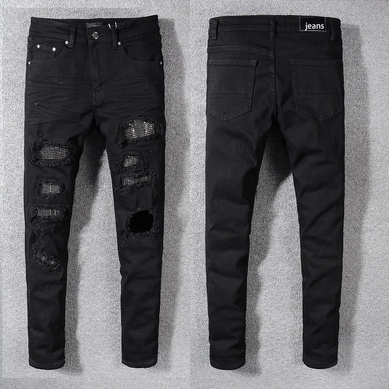 

New Fashion 2023 Mens Jeans Black Cat-whiskers Diamond Young Slim Feet Pants for Men