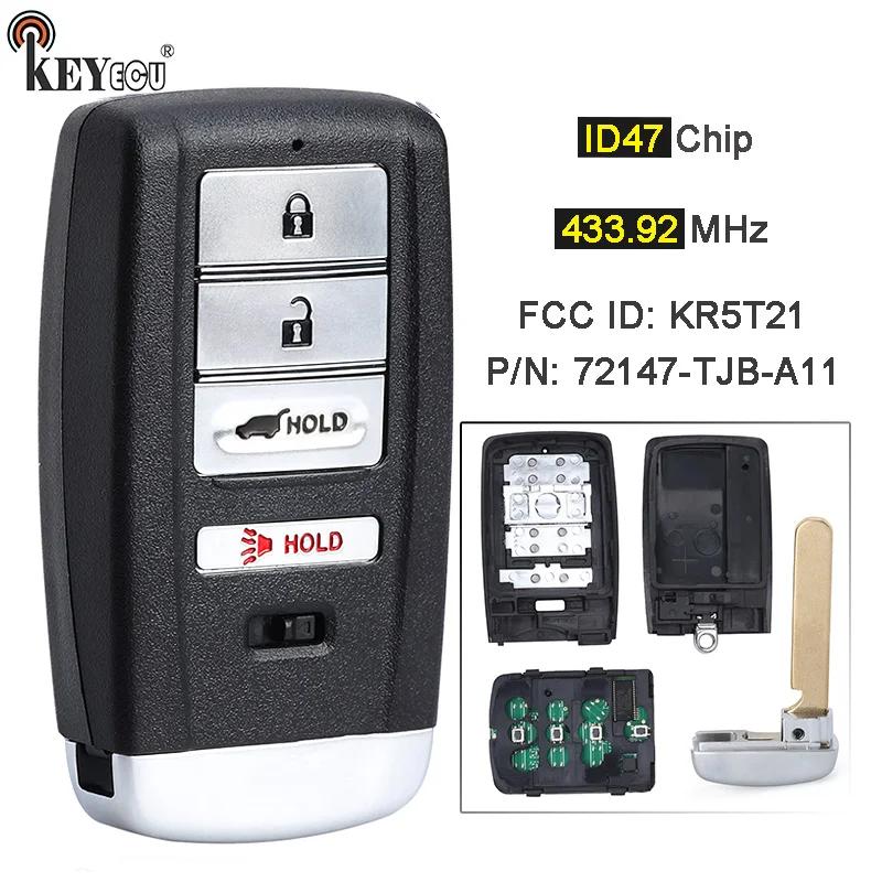 

KEYECU 433,92 MHz ID47 Chip FCC ID: KR5T21 P/N: 72147-TJB-A11 дистанционный смарт ключ-брелок для Acura RDX 2019 2020 2021