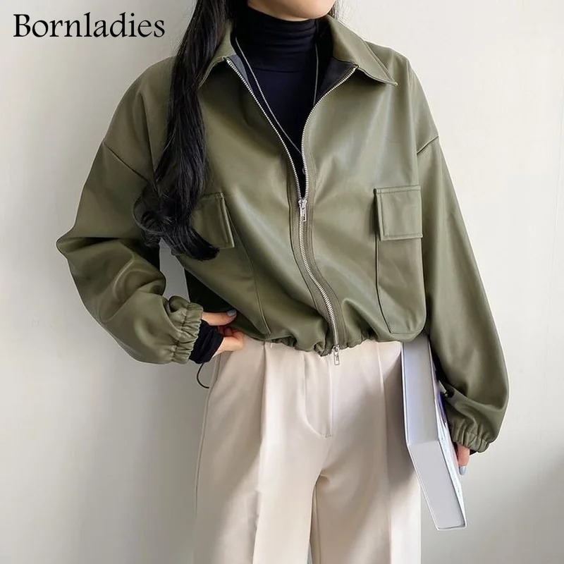 

Bornladies 2022 Spring PU Coat Retro High Street Turn-down Neck Women PU Leather Jacket Female Loose Short Faux Leather Jacket
