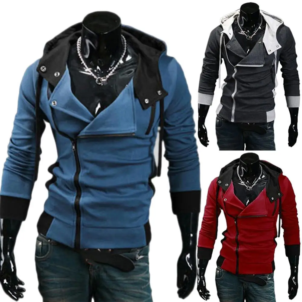 

Plus Size Men Long Sleeve Diagonal Zipper Drawstring Hood Loose Sports Coat