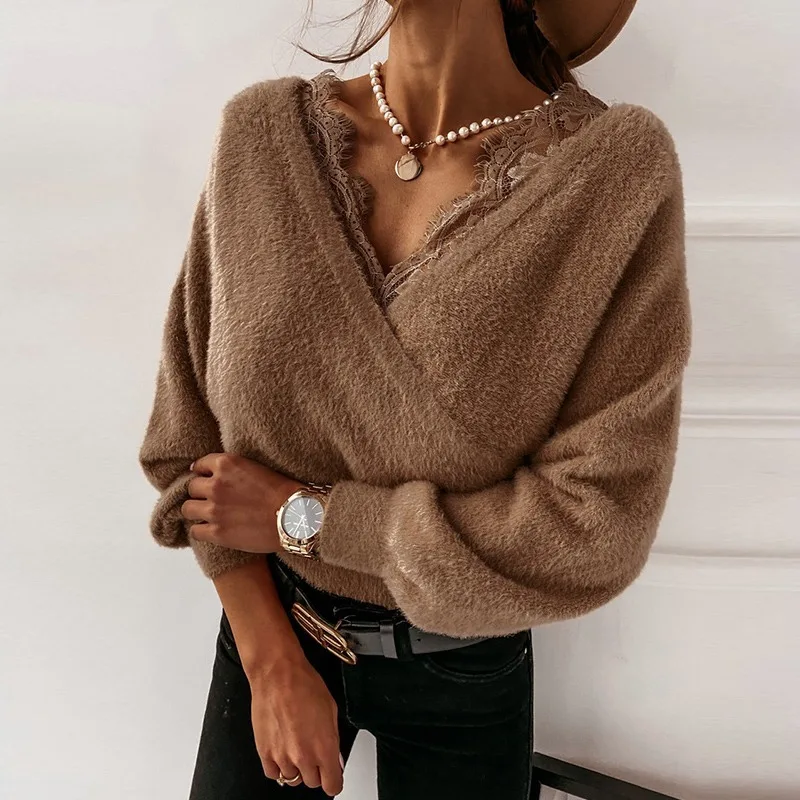 

Fashion Women's Sexy Patchwork Plush Top Female Sexy Solid Color Lace Sling Long Sleeve New Flannel Long Sleeve V-neck Lace Top