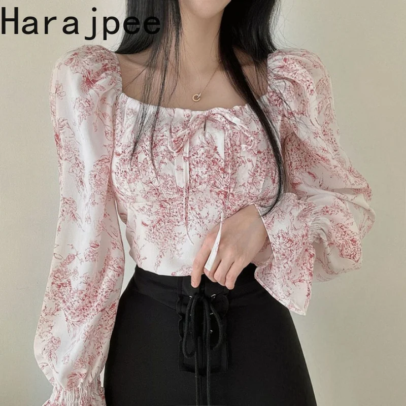 

Рубашки в французском стиле Harajpee, бандажные укороченные топы с квадратным вырезом и цветочным принтом, винтажные пикантные дамские блузки с длинным рукавом