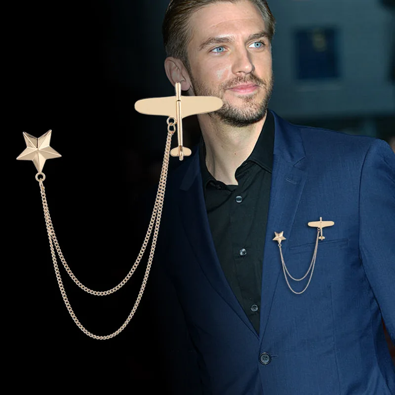 

Korean Metal Airplane Brooch Star Tassel Chain Collar Pin Suit Men's Corsage Lapel Pins Badge Brooches for Women Accessories