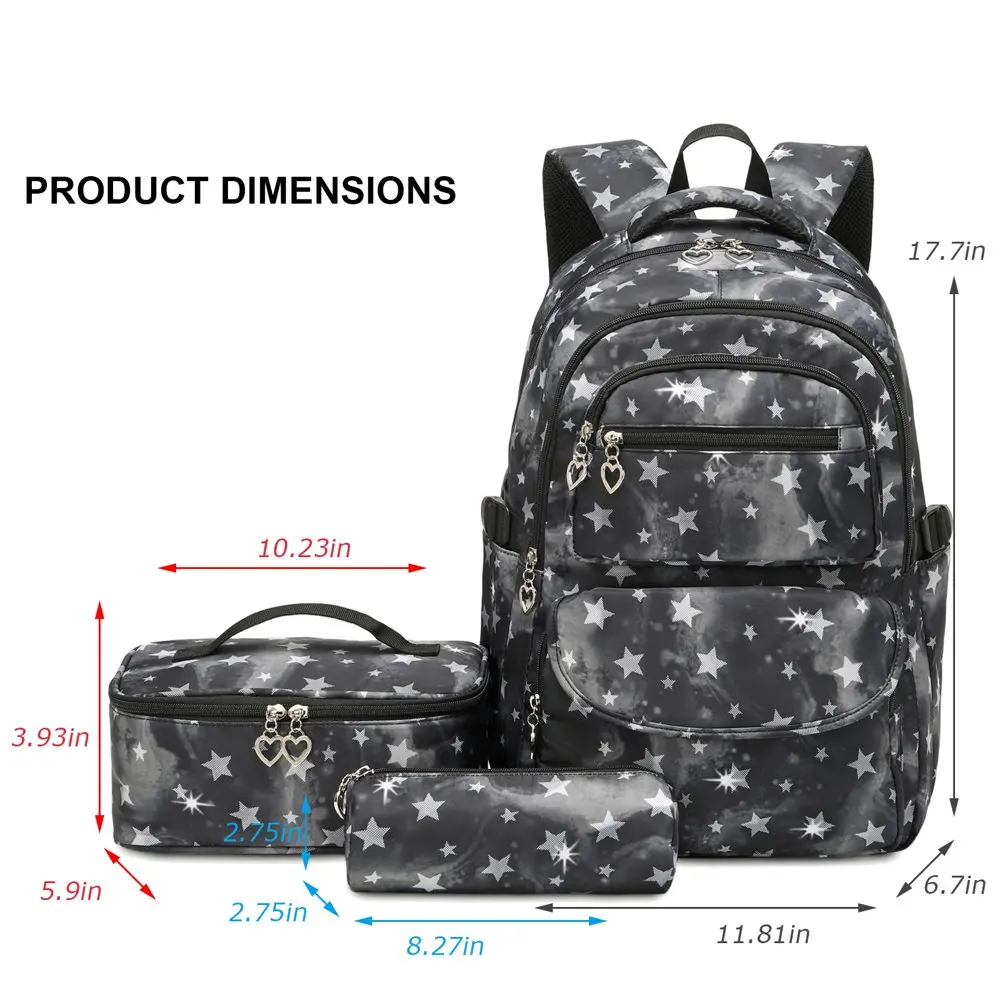 Star Printed Teens Girls Backpack with Lunch Bag and Pencil Case 3pcs ,Waterproof Lightweight Bookbag for Middle School Black