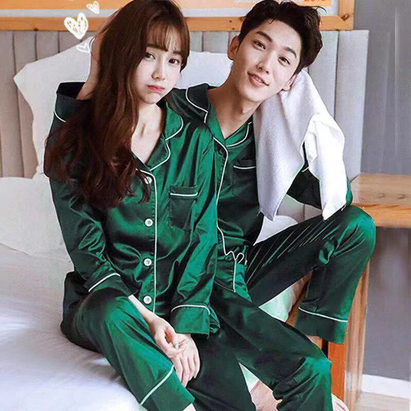 

Sleepwear Couple Silk Satin Solid Color Pajama Sets Lon Button-Down Pijama Plus Size ome Clotes Pyjamas Women Men Lounewear