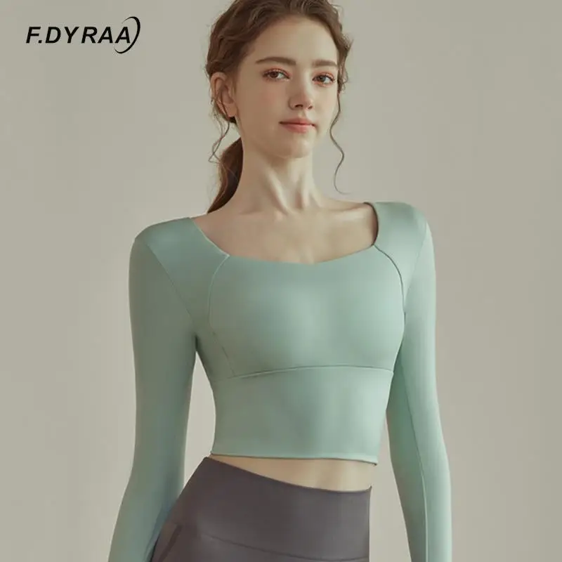 

F.DYRAA U-neck Yoga Shirts For Women Long Sleeve Tight Crop Tops Gym Fitness Running Sports Tops With Thumb Holes Sportswear