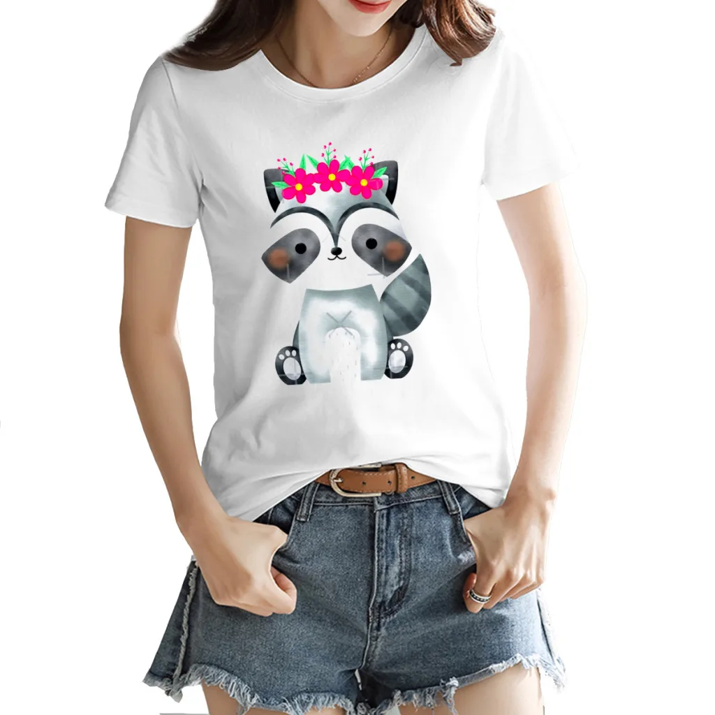 

Women's T-shirt Little Raccoon Buddy 3 Graphic Cool Crewneck Geek Harajuku White Tops Tees European Size