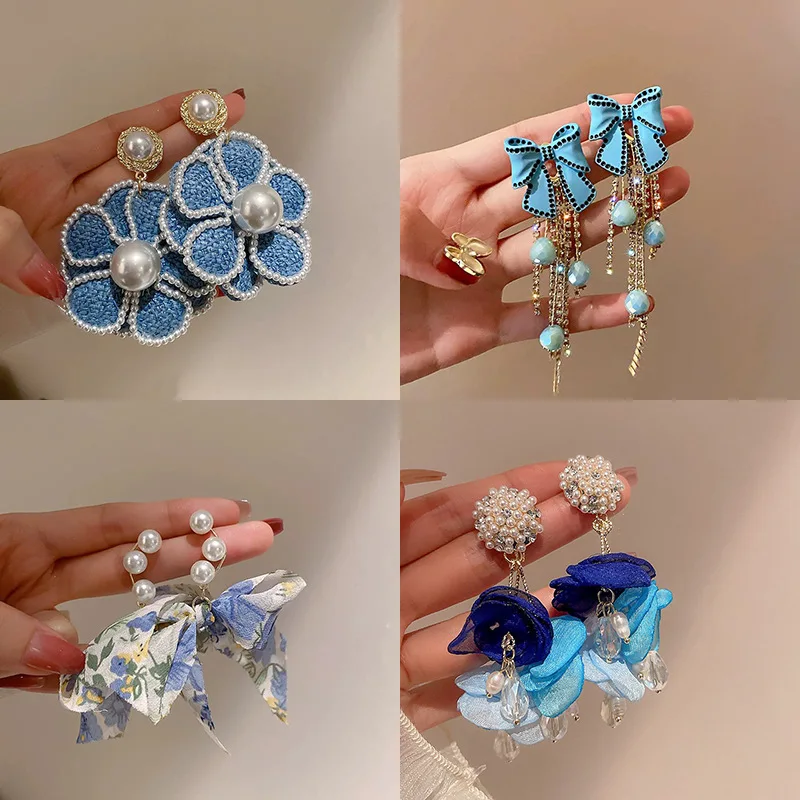 

Серебряные серьги в форме цветка из синей серии с инкрустированными бриллиантами жемчужинами крутые серьги-гвоздики с кисточками крупные Модные женские украшения