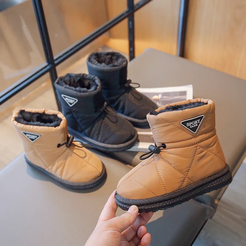 Children Snow Boots Thick Fur Simple Design Comfy Kids Winter Boot Anti-slip Elastic Band Black Brown 26-37 Boys Girls Shoes