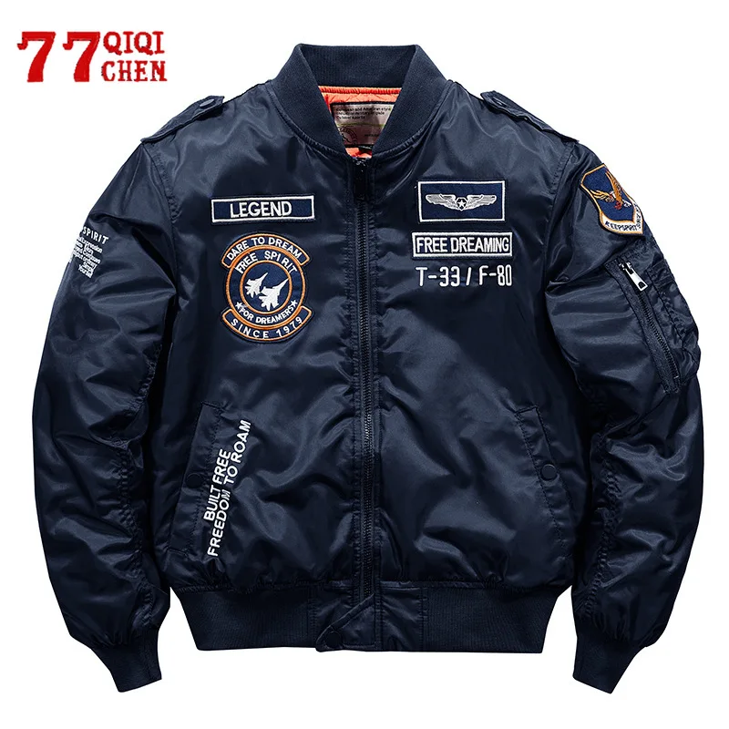Men Letter Pattern Patchwork Thicken Baseball Air Force Jacket Big Pocket Waterproof Thin Coat Army Green