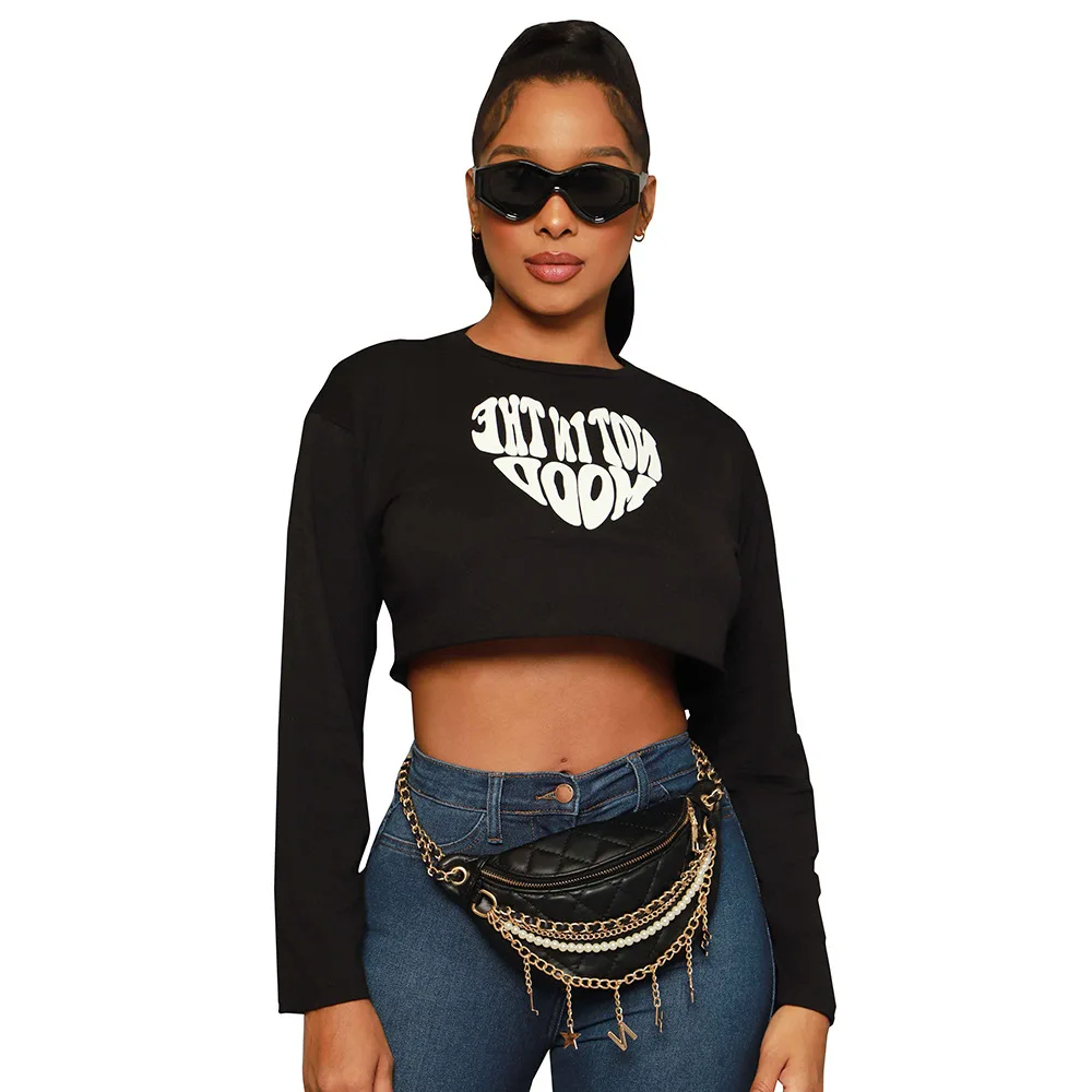 

Женский укороченный пуловер с длинным рукавом, круглым вырезом и принтом в виде букв