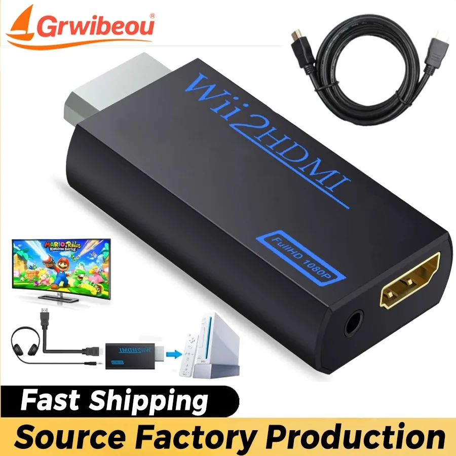 Фото Grwibeou WII-HDMI-совместимый преобразователь Full HD 1080P WII-HD адаптер 3,5 мм аудио для ПК HDTV монитор дисплей с HD-кабелем №1