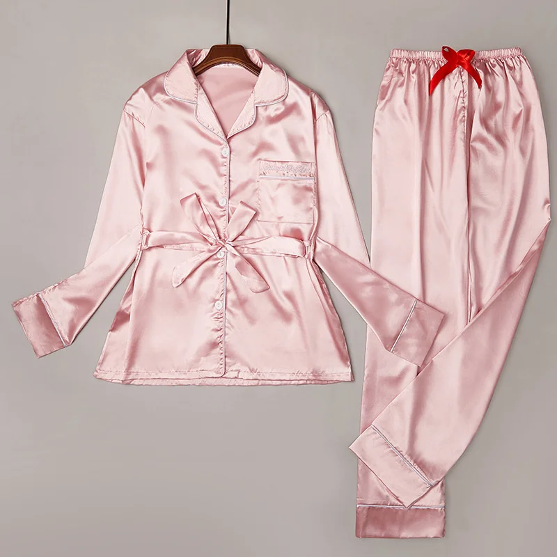 Flower Pajamas Set Women Sweet Stripe Print Full-Sleeve Belt Shirt Pyjamas Top Rayon Homewear Clothes Big Size