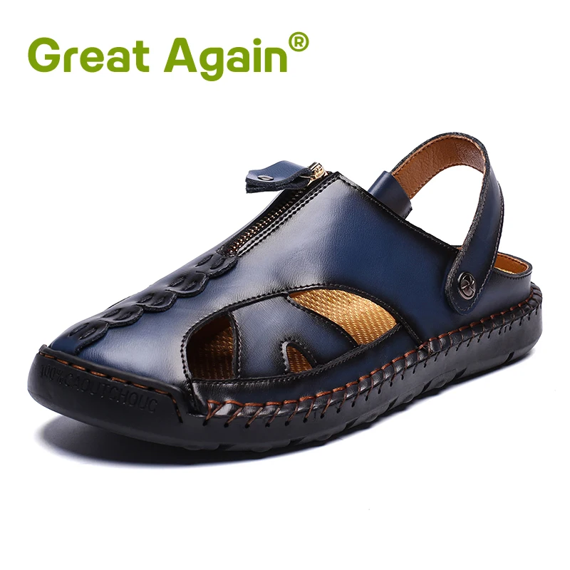 

Plus Size 38-48 Men Sandals Summer Soft Leather Zipper Designer Roman Flat Slippers Beach Closed Toe Handmade Slide Male Shoes 1