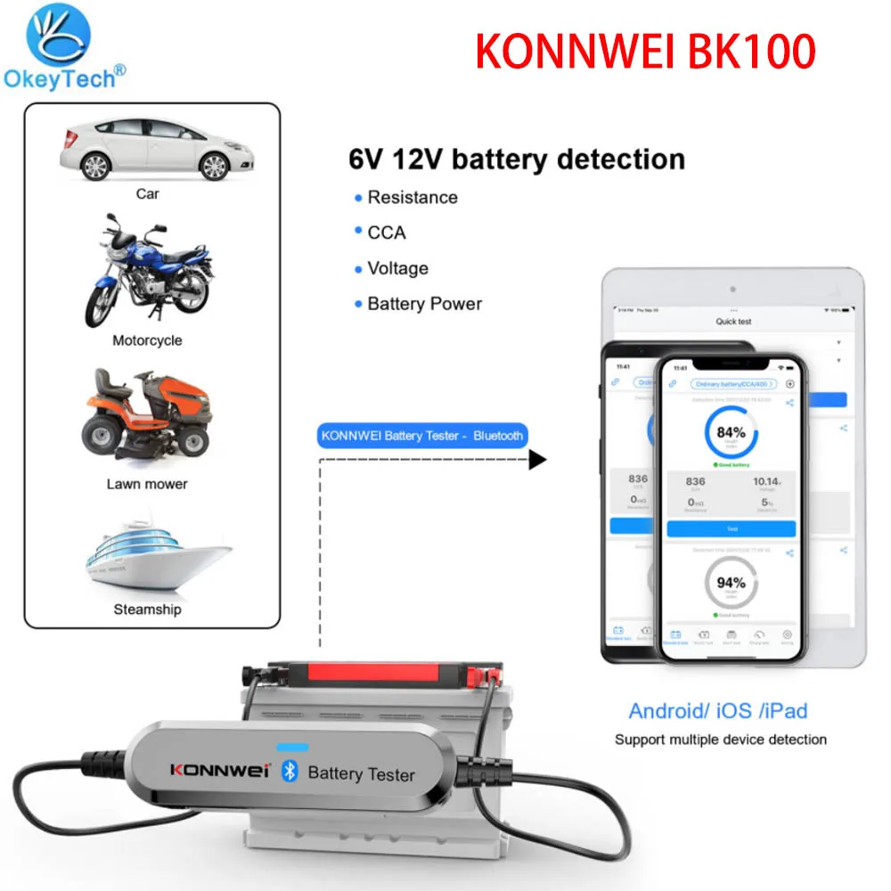 

KONNWEI BK100 беспроводной тестер автомобильного аккумулятора CCA:100-2000 6 в 12 В Обнаружение запуска/зарядки с поддержкой Bluetooth и нескольких языков