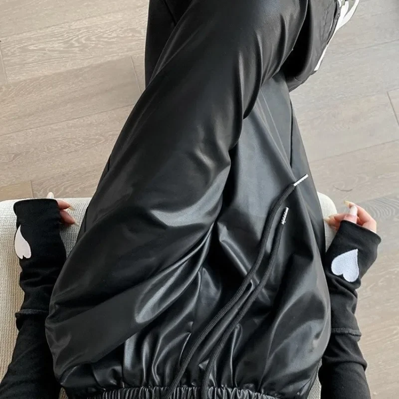 Брюки-Багги женские из ПУ кожи Свободные повседневные штаны в стиле Харадзюку