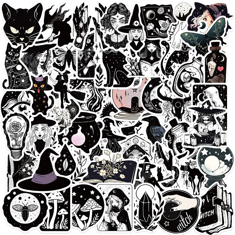 

10/30/50pcs Black And White Magic Witch Stickers for Scrapbooking Skateboard Car Bike Luggage Cool Cartoon Decals Sticker Toys