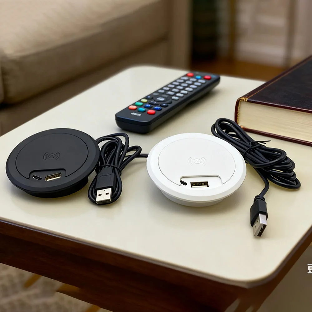 Фото 15 Вт, 5 В, настольная встроенная розетка USB + Type-c, беспроводное зарядное устройство, компьютерный стол, уплотнительная крышка с круглым отверстием, круглая скрытая панель 60 мм №3