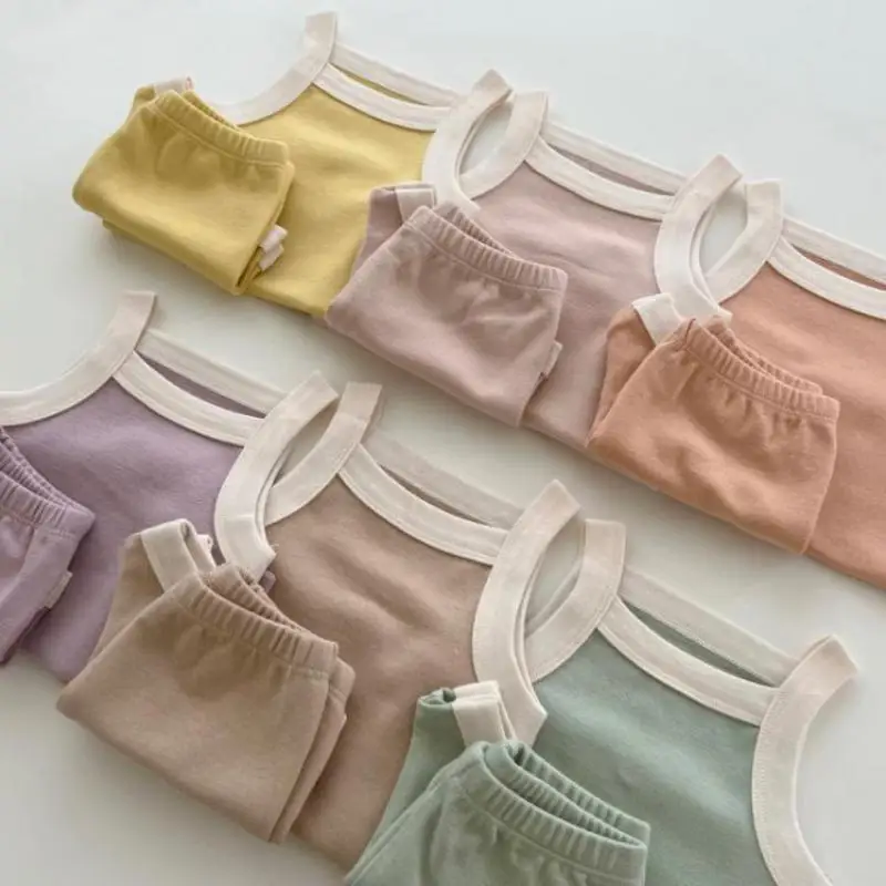 

2022 Summer New Arrival Baby Unisex Set Kid Boy Simple Sleeveless Tees Girl Sexy Sling T-shirt + Solid Cotton Shorts Sports Suit