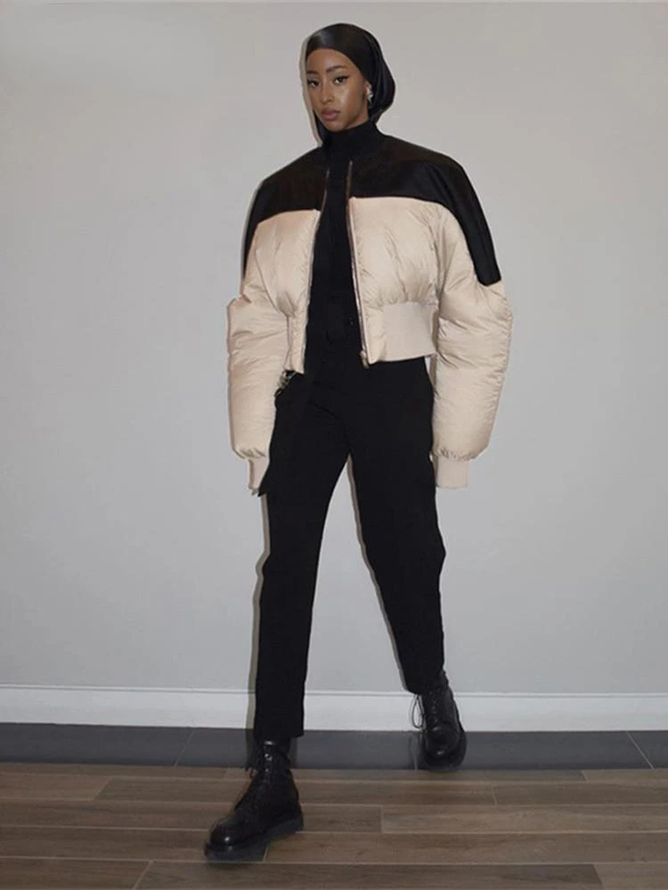 Contrast Color Cotton-padded Jacket Coat Women Fashion Thicken Long Sleeve Zip Up Crop Tops Autumn Winter 2022 Streetwear