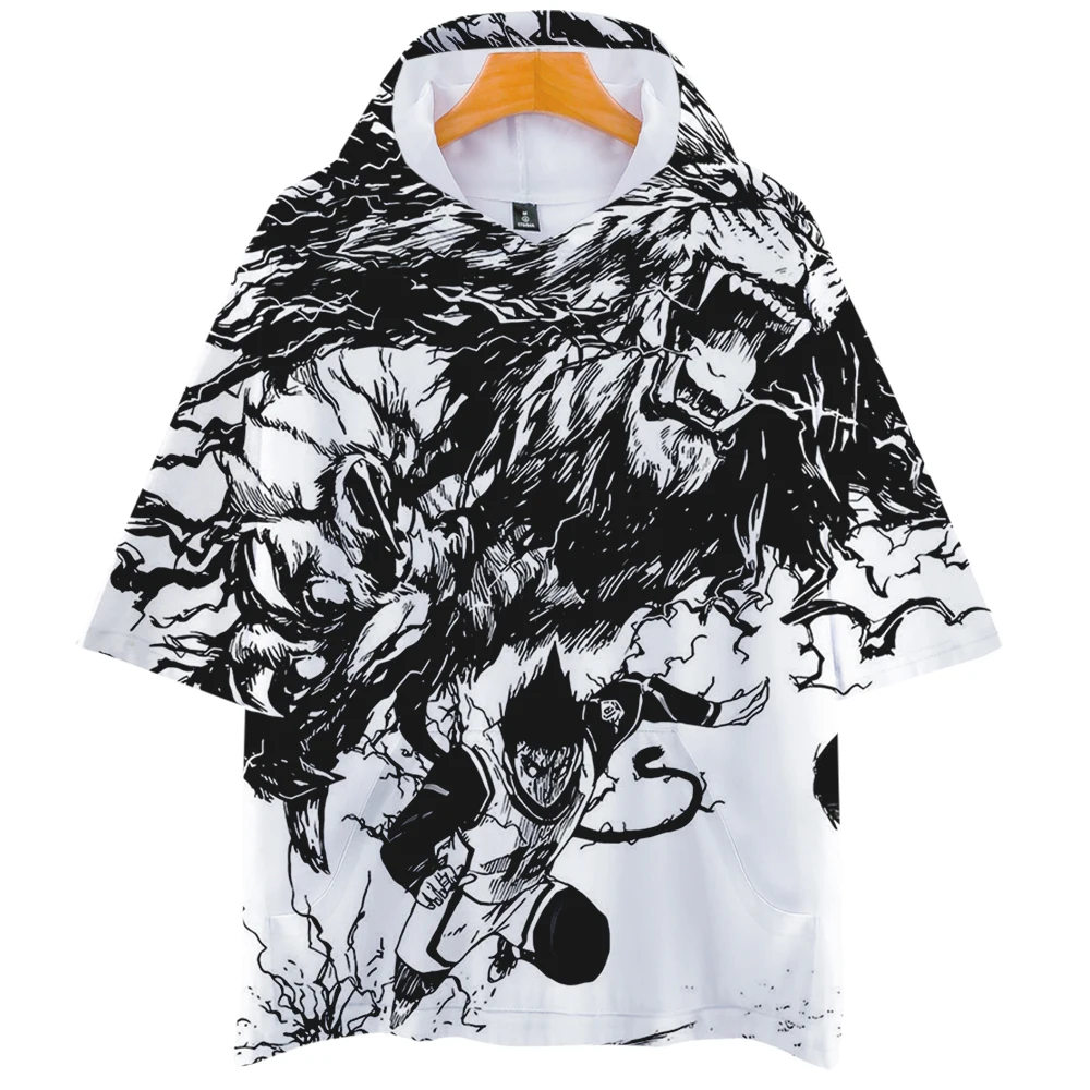 

Футболка с капюшоном в стиле аниме, синяя, с замком, летняя, с коротким рукавом, уличная