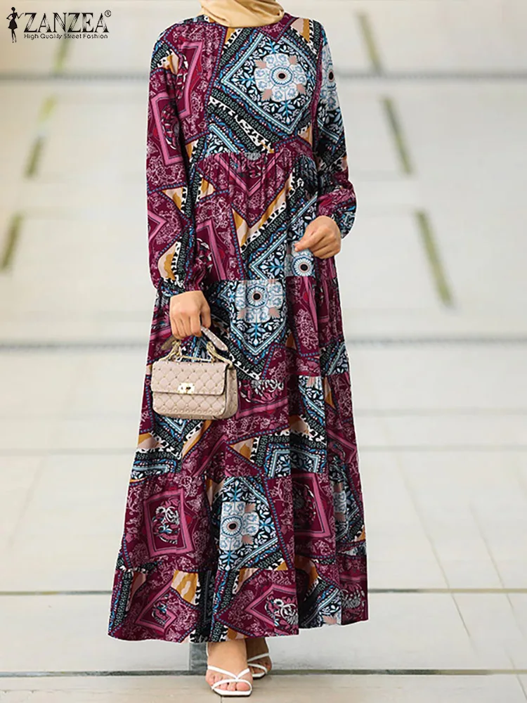 Элегантное повседневное праздничное платье ZANZEA, кафтан, женское весеннее мусульманское платье с цветочным принтом, винтажный сарафан с кру...