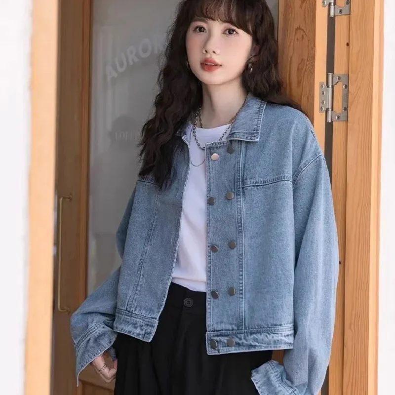 

Denim Jacket Women 2023 Spring Autumn New Short Jeans Coat Double Breasted Fashionable Loose Casual Outerwear Top Womens