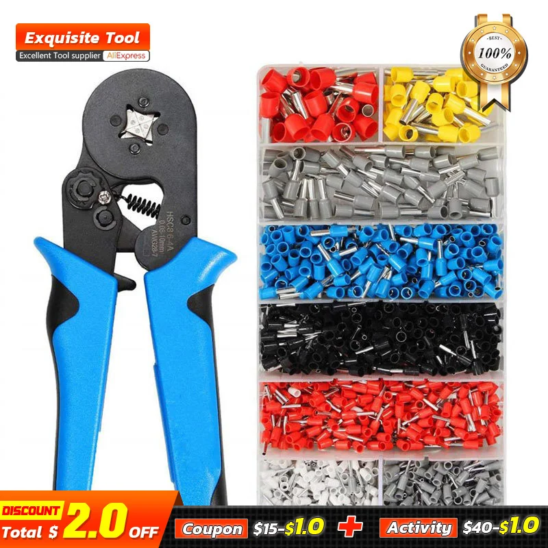 

0.08-10mm Hexagonal Sawtooth Self-adjustable Ratchet Terminals Crimper With 1200pcs Wire Terminals Ferrule Crimping Tool Kit