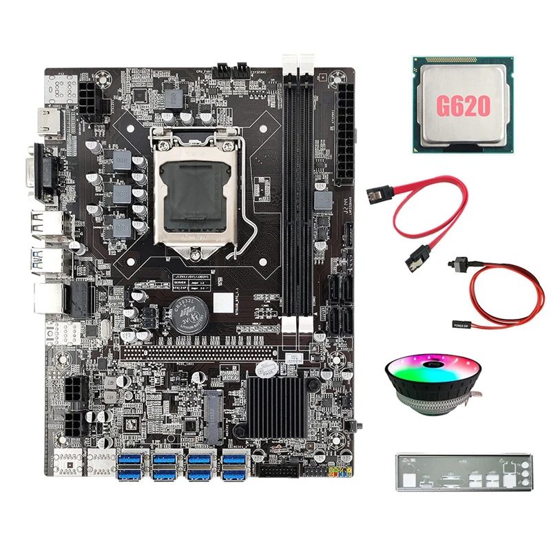 

B75 8USB ETH Mining Motherboard+G620 CPU+Fan+Switch Cable+SATA Cable+Baffle LGA1155 DDR3 B75 BTC Miner Motherboard