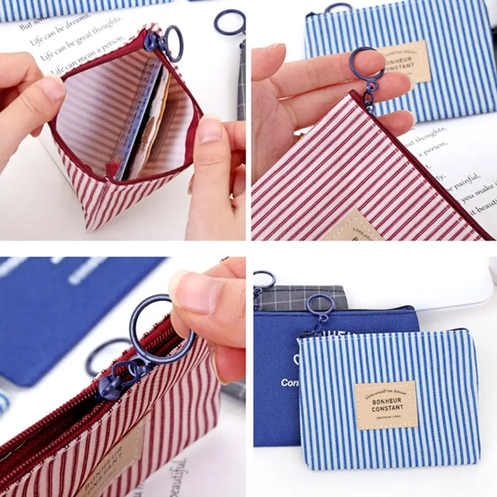 Unisex Canvas Stripe Coin Bag Purse Women Coin Money Card Holder Wallet Case Zipper Key Storage Pouch For Kid Girl Gift