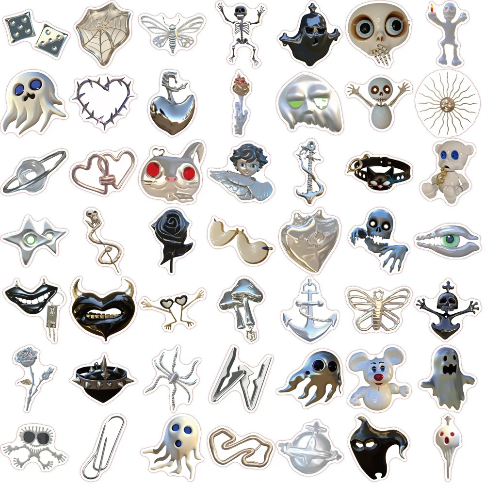 

50pcs Cartoon Terror Skull Silver Sticker For Suitcase Scrapbook Laptop Scrapbooking Supplies Vintage Aesthetic Stickers Pack