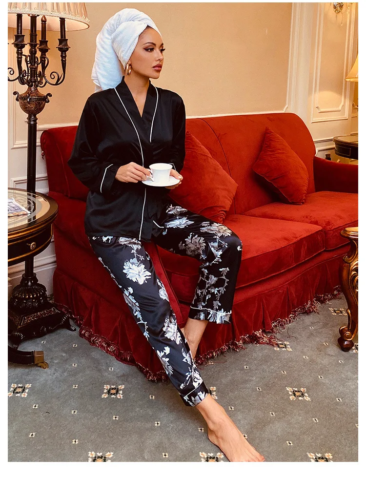 Women Two Piece Outfits Silk Satin Pyjamas Set Sleepwear Homewear For Autumn Winter Long Sleeves Nightwear Nightgown Set