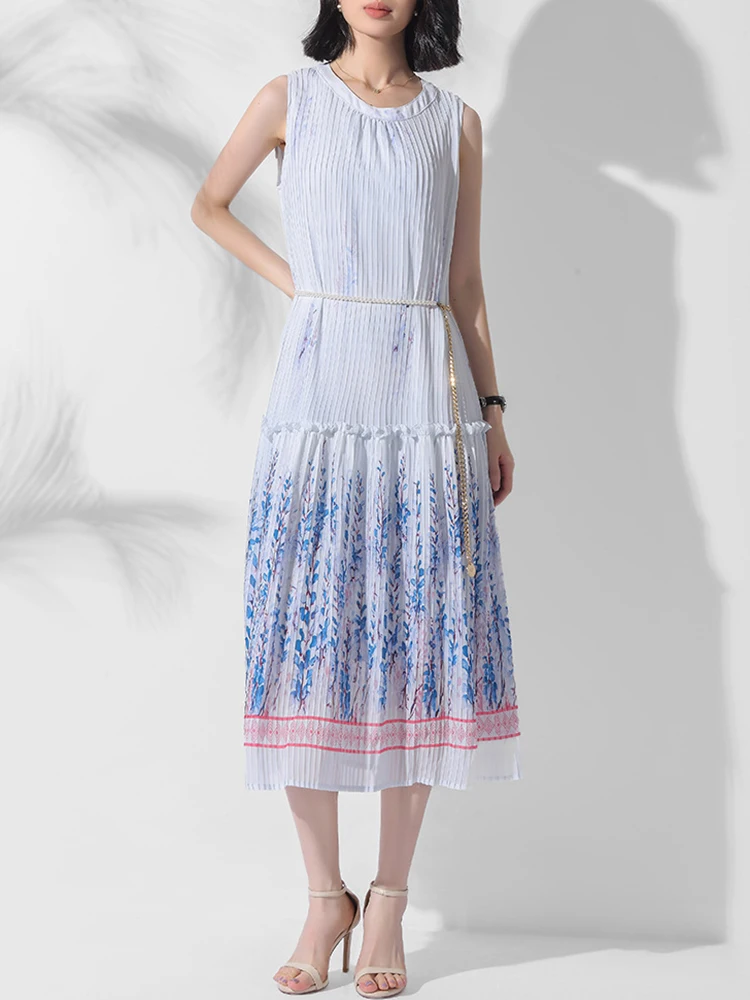 GVUW плиссированное платье с принтом женское круглым воротником без рукавов на