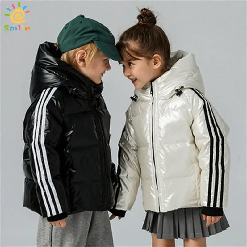 

Детская модная зимняя пуховая куртка для мальчиков, детская теплая парка в полоску, пальто для девочек, ветрозащитный костюм, верхняя одежд...