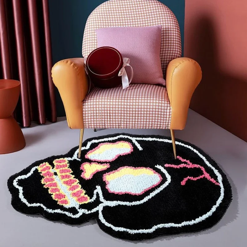 

Original Design Irregular Black Skull Head Area Rug for Living Room Bedroom Bedside Fluffy Carpet Fashion Pink Brain Floor Mat