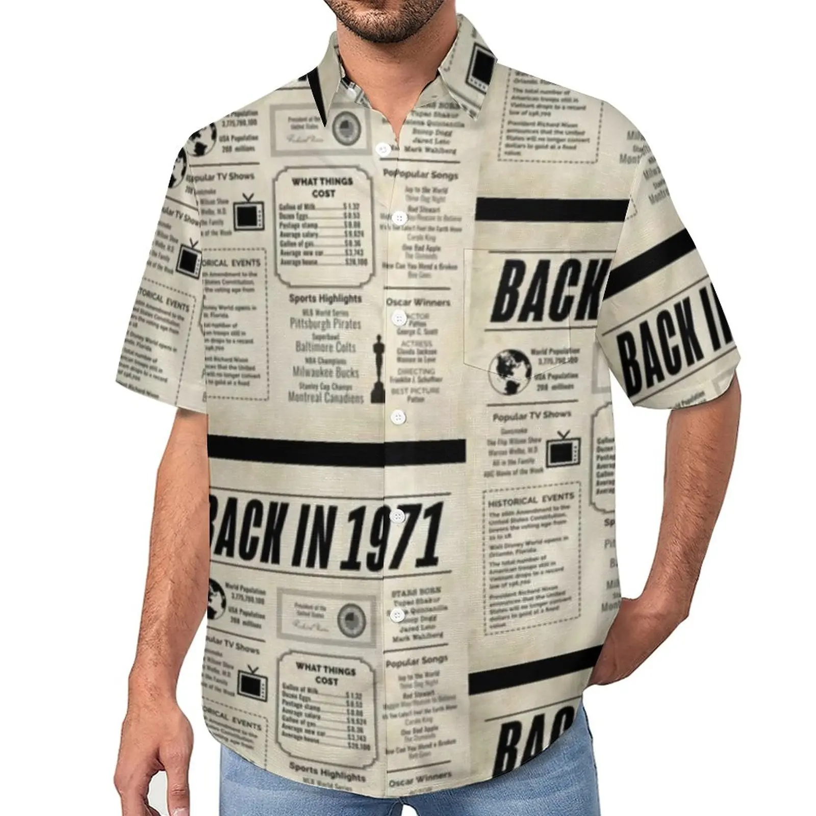 

Повседневные рубашки с газетным принтом 1971, Пляжная рубашка для мероприятий, модные Гавайские блузки с принтом для мужчин, большой размер