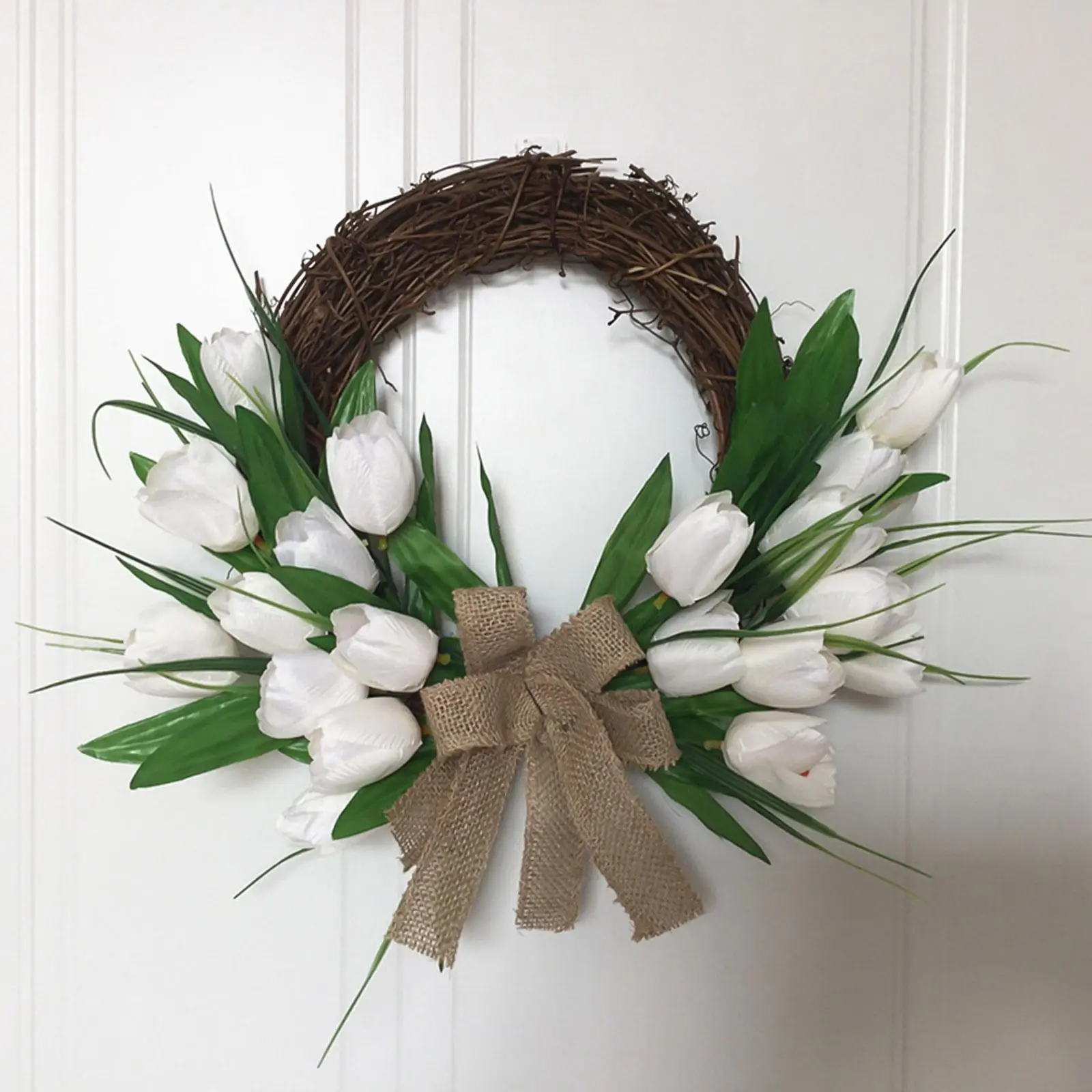 

Artificial White Tulip Wreath Front Door Decor Rattan Wreath Spring Wreath Flower Wreath for Wall Farmhouse Wedding Party Decor