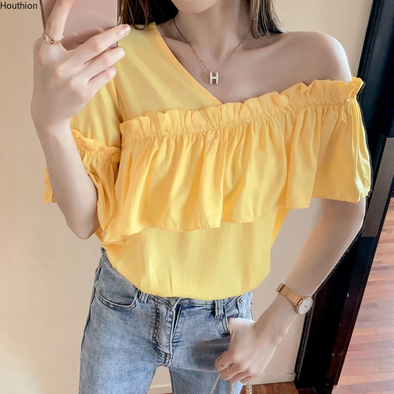 

New Chiffon Short Sleeve Blouse V-neck Printing Ruffle Summer Tops Thin Comfortable Fashion Casual Shirt 2021 Designer Clothing