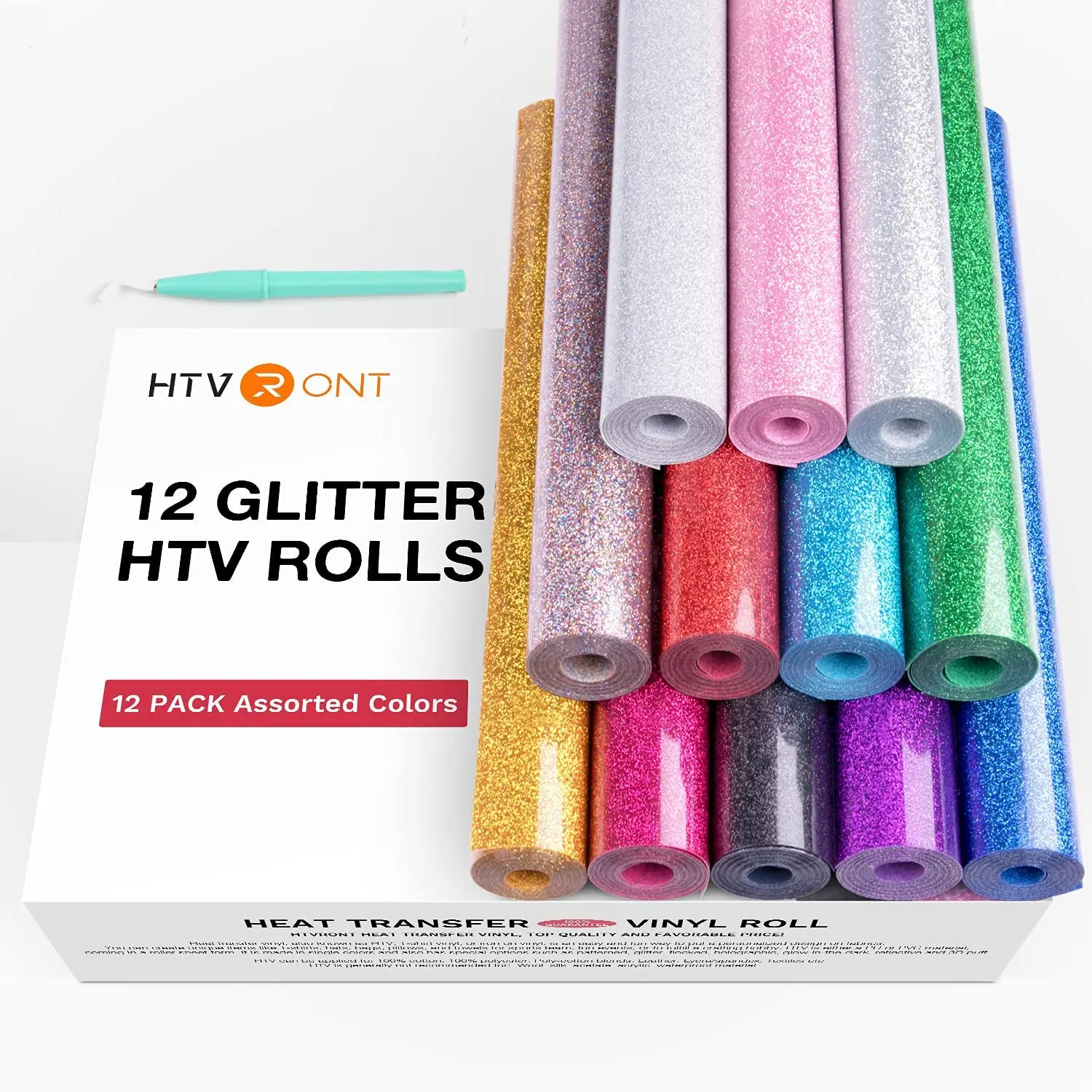 HTVRONT 12 Pack 10inX5ft/25cmX150cm Glitter Colors Heat Transfer Vinyl Roll for Cricut T-shirt Printing DIY Iron on HTV Film