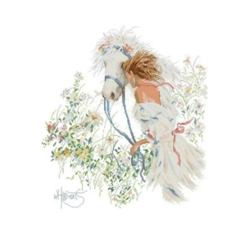 

Cotton linen Top Quality Lovely Hot Sell Counted Cross Stitch Kit Maid Maiden Lass Girl Lady Woman Girl and Horse