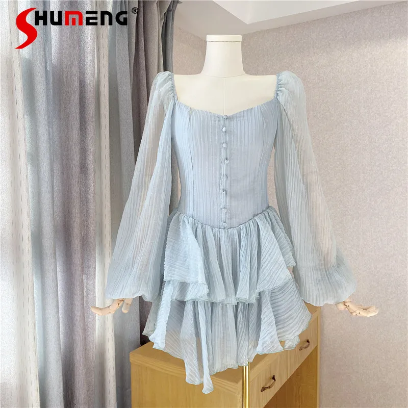 

Fairy Court Ruffled Puff Sleeve Square Collar Dress 2022 Spring Off-Neck Puffy Cake Dress Elegant Fashion Mid-length Dresses