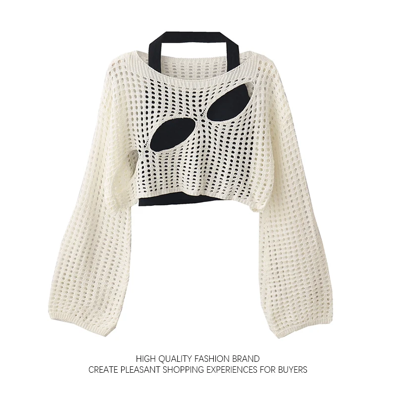 

Short Hollow Out Blouse Spring Autumn Girly Sweet Spicy Hanging Neck Crop Strap Shirt Women Loose Thin Knit Two-piece Top Set