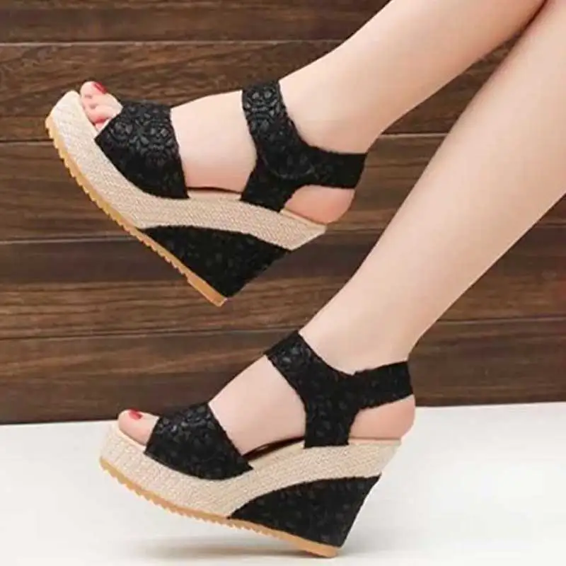 

Women Lace Hollow Wedges Heeled Fashion Summer Platform Sandals Ladies Party Platform High Heels Shoes Open Toe Fish Head Shoe