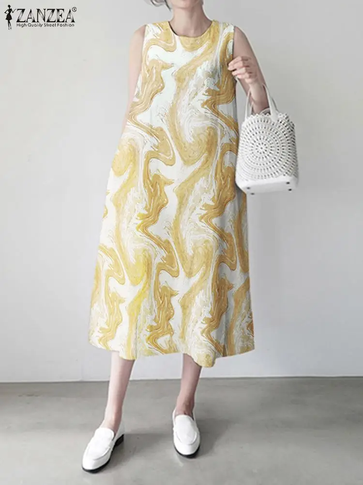 

Casual Beach Party Sundress 2022 Summer Holiday A Line Vestidos Women's Elegant Sleeveless Robe Femme ZANZEA Bohemian Midi Dress
