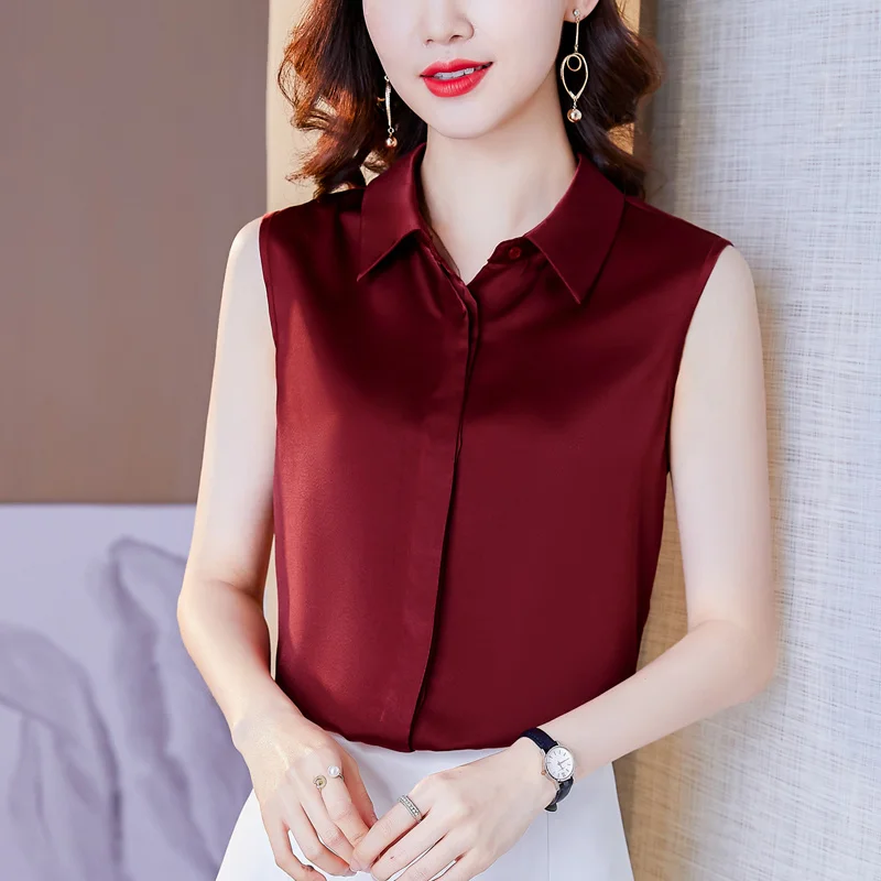 #1701Woman Tops And Blouses Satin Woman Shirt Summer Sleeveless Vest Covered Button Vintage Office Lady Thin Slim Red White Grey