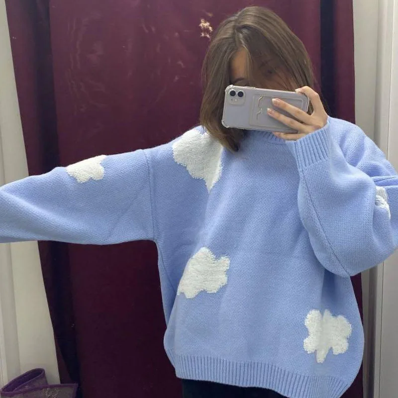 

2022 Women's Cozy Clouds Sweater Cute Cartoon Long Sleeve Crew Neck Pullover Jumper Fall Winter Top Korean Women Autumn New Pull