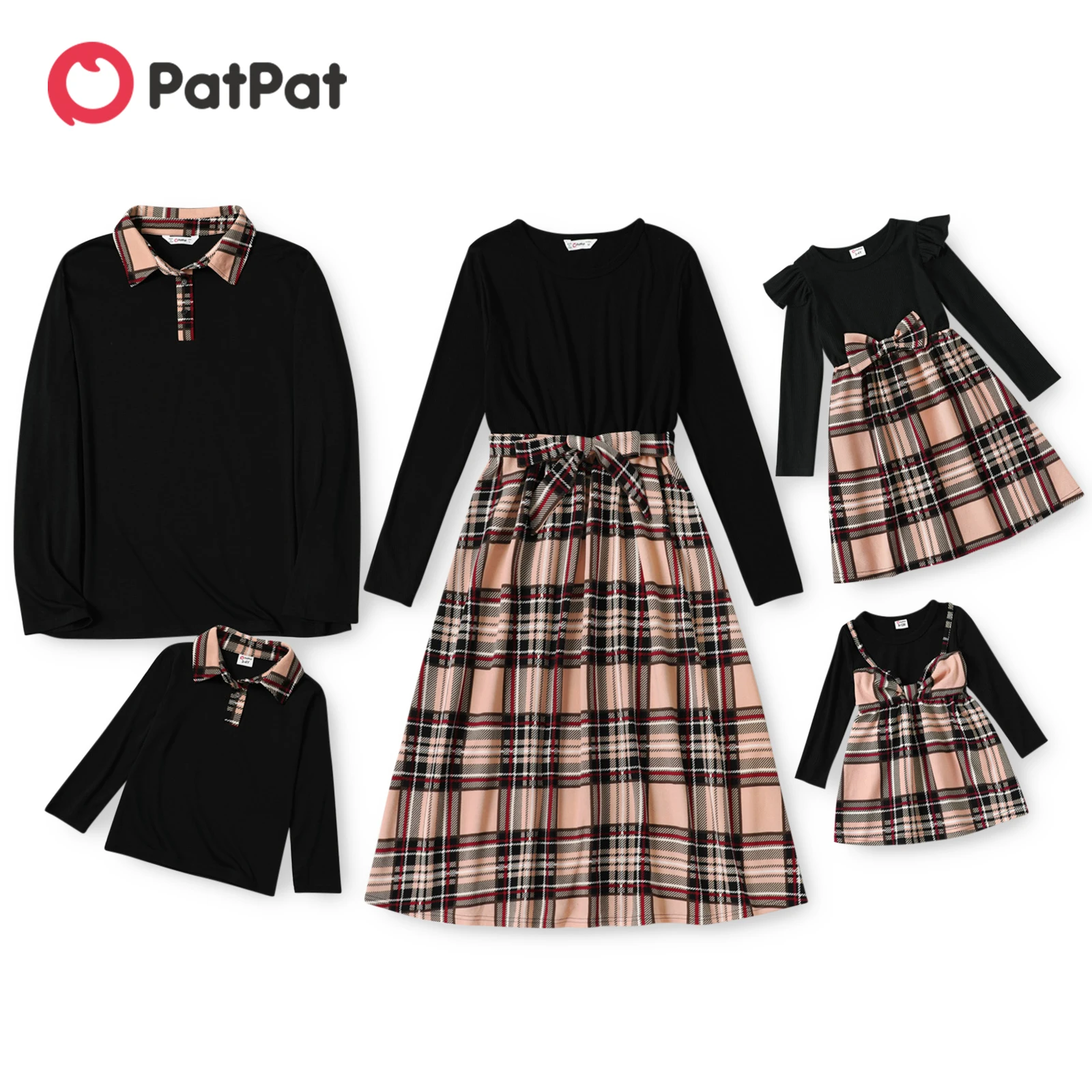 PatPat Family Matching Outfits Couple Outfits Black Long-sleeve Splicing Plaid Midi Dresses and Polo Shirts Family Look Sets