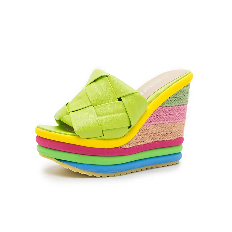 Ladies Slippers  Sandals Color Blocking Slope Heel To Increase Breathable PU Quick Drying Non Slip Heels  Shoes