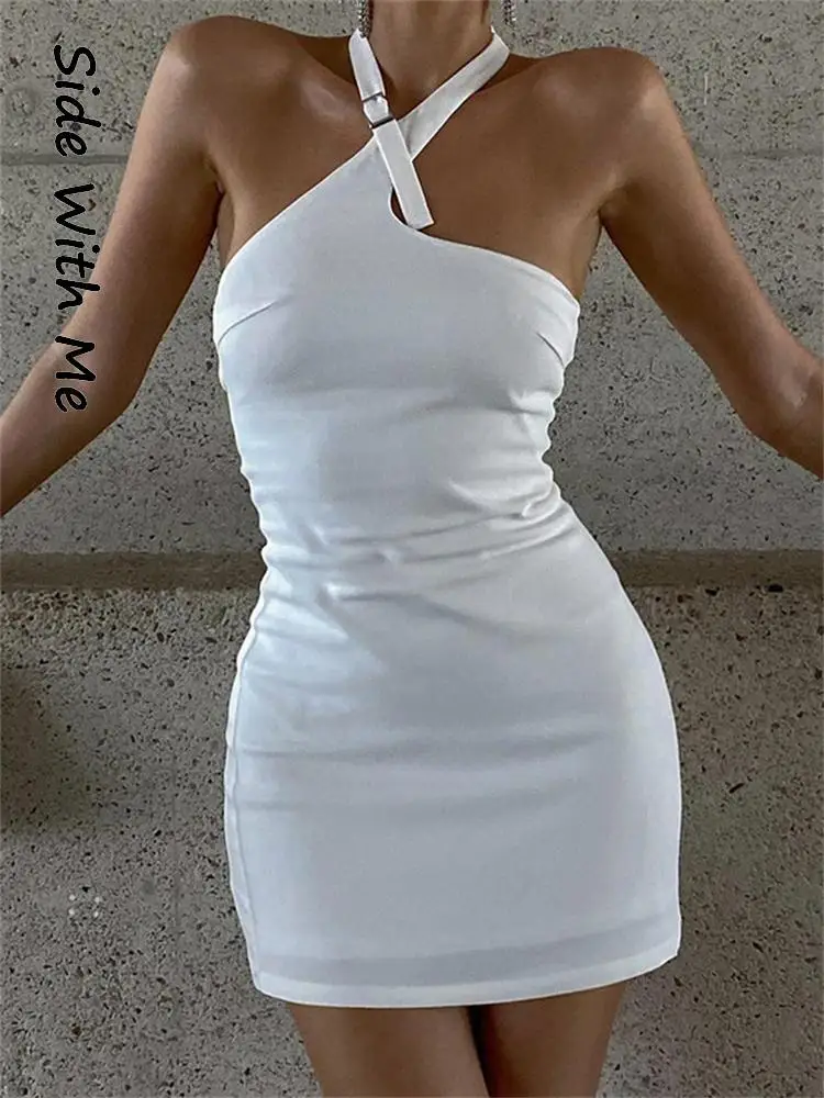 

Side with Me Bodycon Halter Sexy Woman Mini Dress 2022 Summer Vintage White Backless Party Elegant Women's Dresses