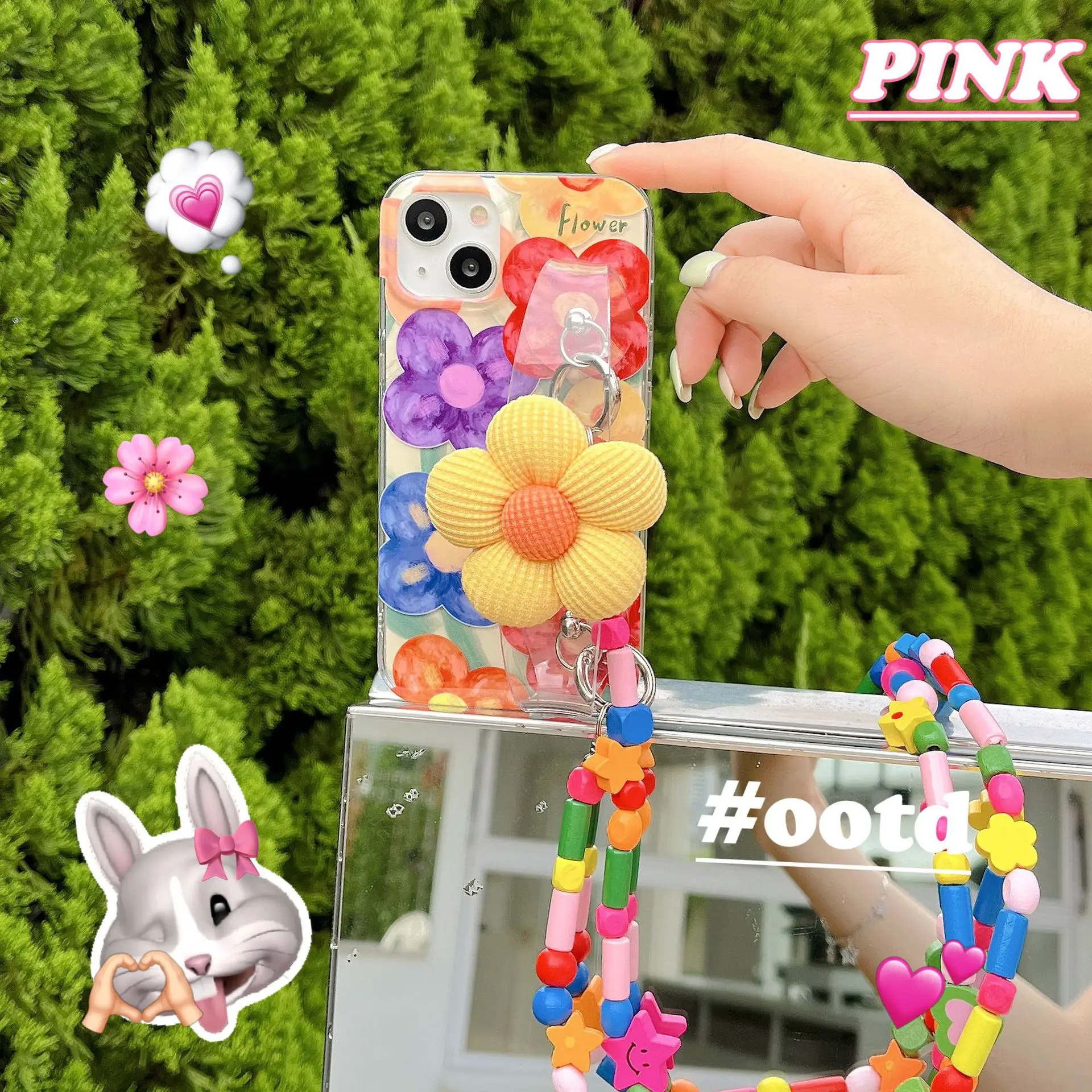 

3D Flower Wristband Crossbody Phone Case for iPhone 14 13 12 Pro Max 11 Shockproof Bead Lanayrd Shoulder Wrist Strap Soft Cover